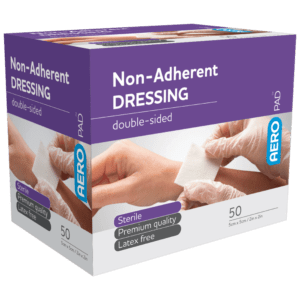 A box of non-adherent dressing is shown.