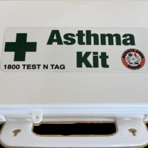 White asthma kit with green cross symbol.