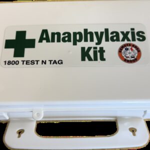 White anaphylaxis kit with green cross.